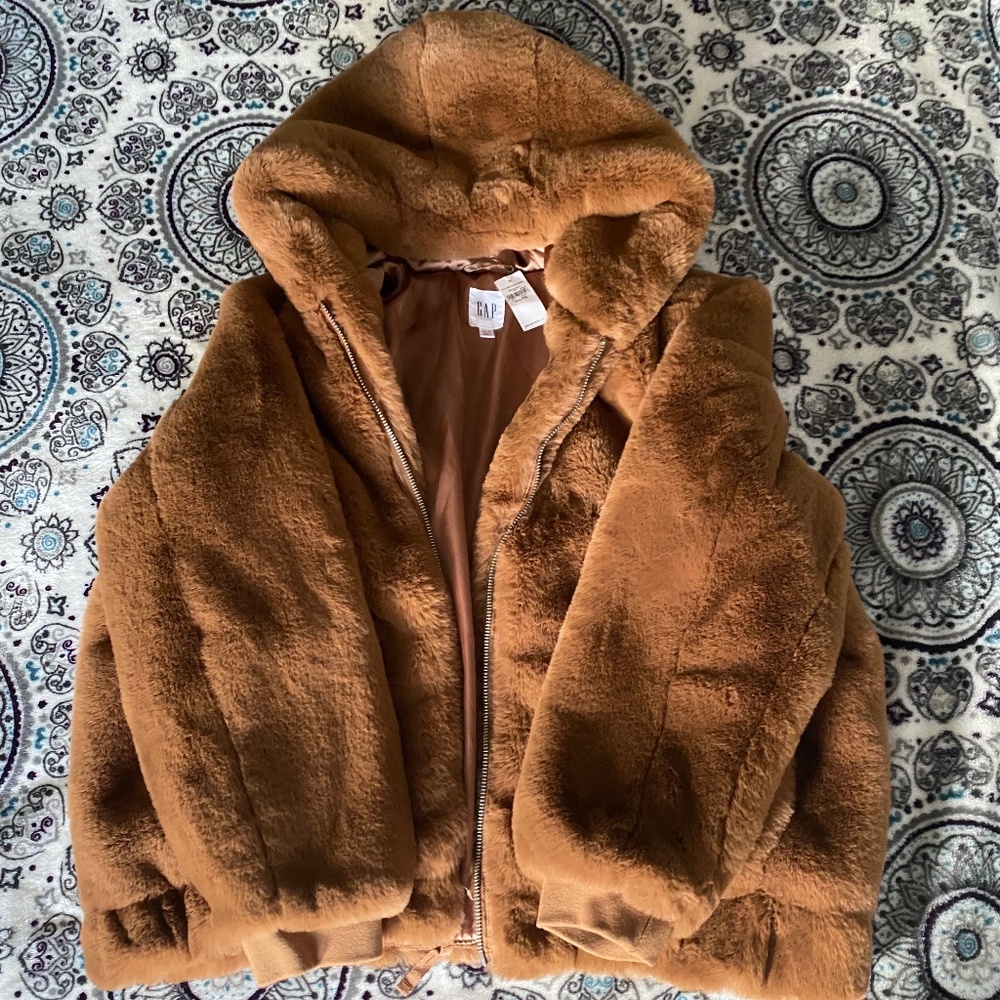 Gap Teddy Bear Bomber Jacket in Brown Faux Fur